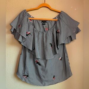 Miss Me Black and White Striped Floral Embroidered Off The Shoulder Blouse L